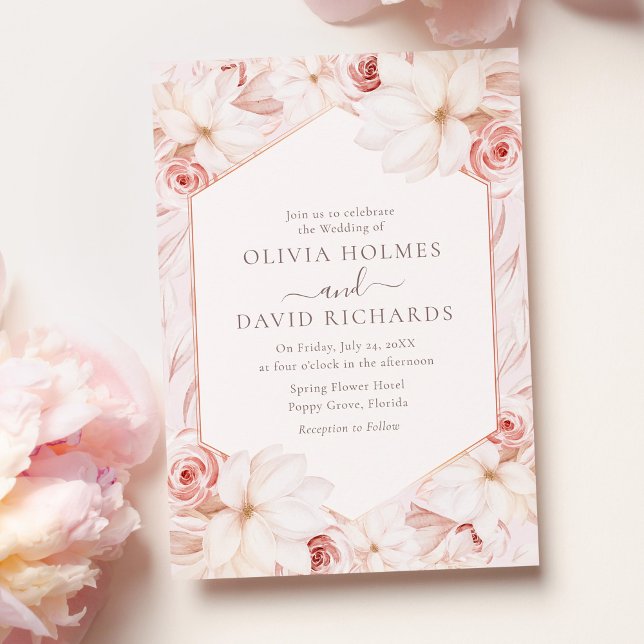 Convite Boho Blush Floral Invitation (Boho Blush Pink Floral Wedding Invitation on a table with pink roses.)