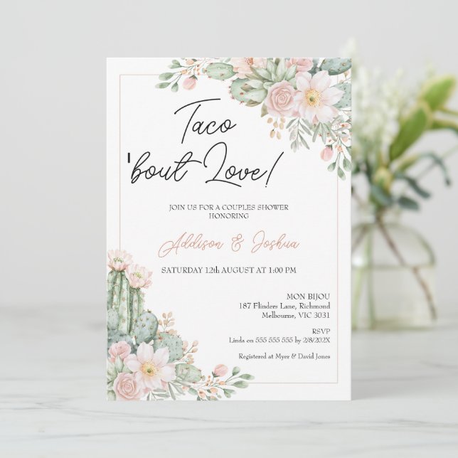Convite Boho Blush Floral Taco sobre Casais de amor Bridal (Em pé/Frente)