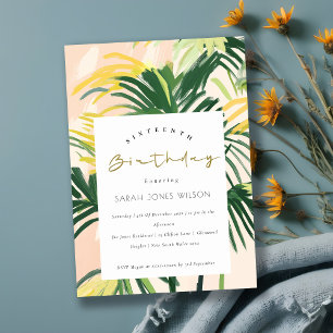 Convite Boho Blush Green Palm Tropical Sweet 16 Aniversári