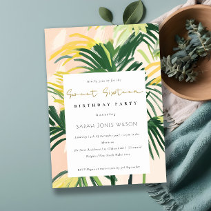 Convite Boho Blush Green Palm Tropical Sweet 16 Aniversári