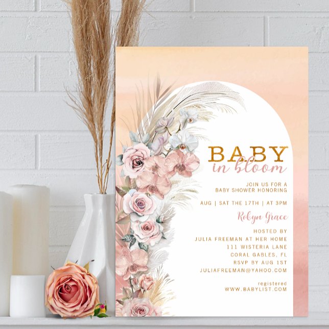 Convite Boho Blush Pampas Baby in Bloom Invitation (Beautiful Baby In Bloom Invitation)