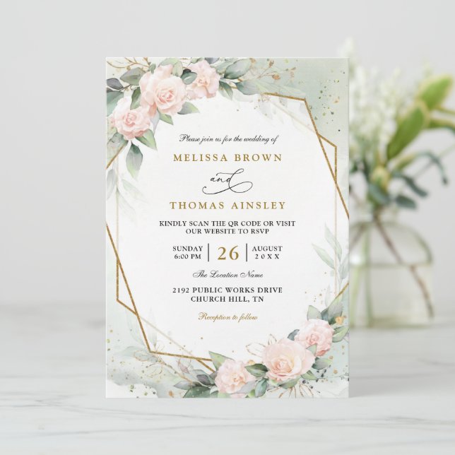 Convite Boho Blush Pink Floral Greenery QR Code Wedding (Em pé/Frente)