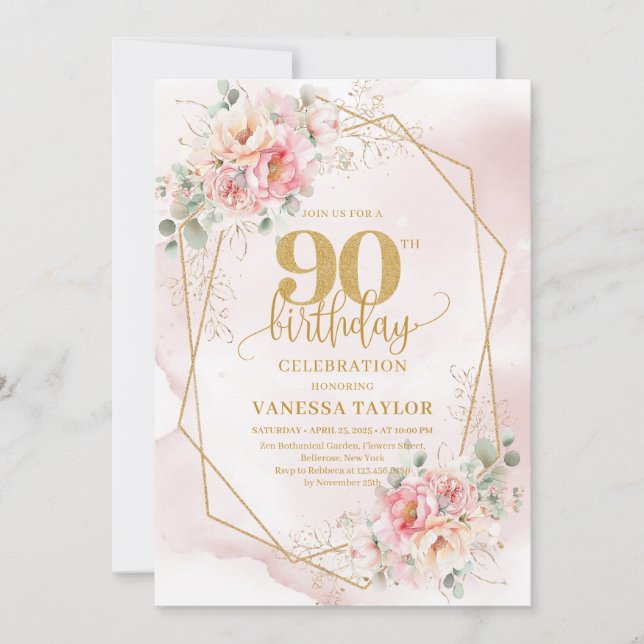 Convite Boho Blush Pink Gold Floral 90th Birthday Invites (Frente)