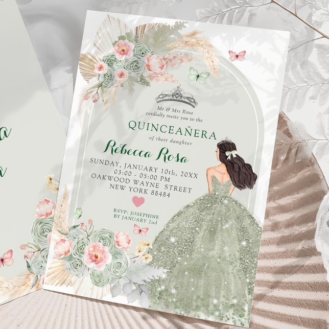 Convite Boho Blush Pink Sage Green Princesa Quinceañera (Criador carregado)