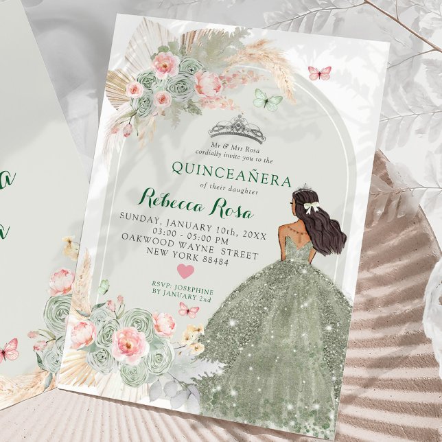 Convite Boho Blush Pink Sage Green Princesa Quinceañera (Criador carregado)