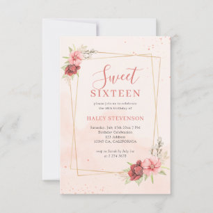 Convite Boho Blush Pink Terracotta Floral Chic Sweet 16