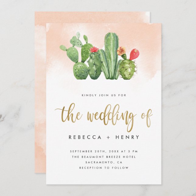 Convite Boho Blush Pink Watercolor e Casamento Cactus (Frente/Verso)