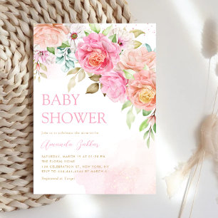 Convite Boho Blush Pink Watercolor Floral Girl Chá de fral