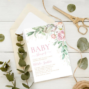 Convite Boho Blush Pink Watercolor Floral Girl Chá de fral