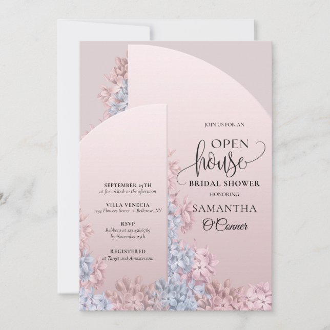 Convite Boho blush primavera floral arame Open House (Frente)