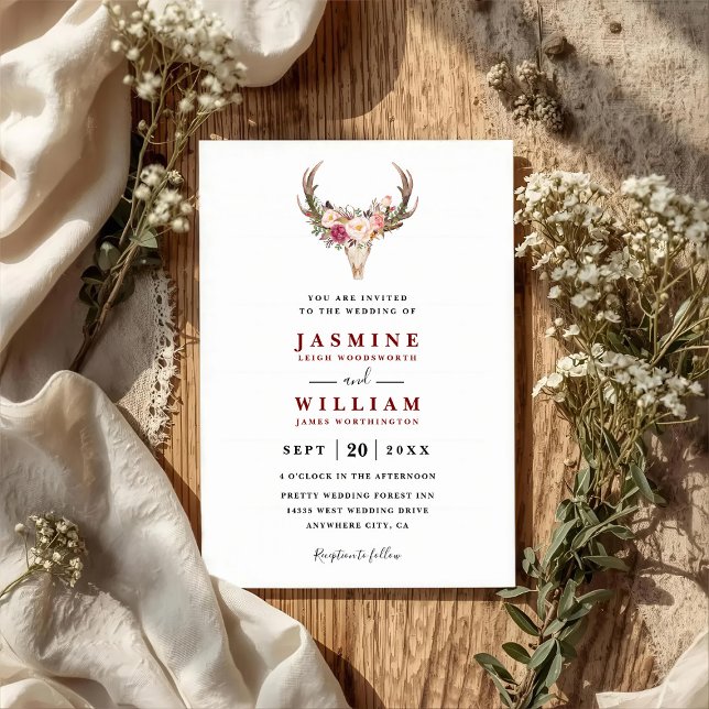 Convite Boho Blush Red Floral Antler Skull QR Code Wedding (Criador carregado)