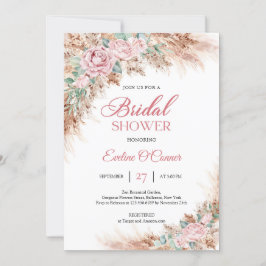 Convite Boho Blush rosas vegetação floral pampas
