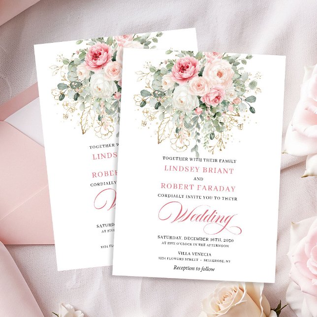 Convite Boho Blush Roses Gold Floral Wedding Invitation (Boho Blush Roses Gold Floral Wedding Invitation)