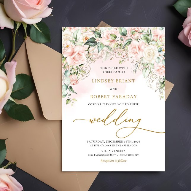 Convite Boho Blush Roses Rosa Flói Casamento Romântico (Boho Blush pink floral eucalyptus gold wedding invitation digital )