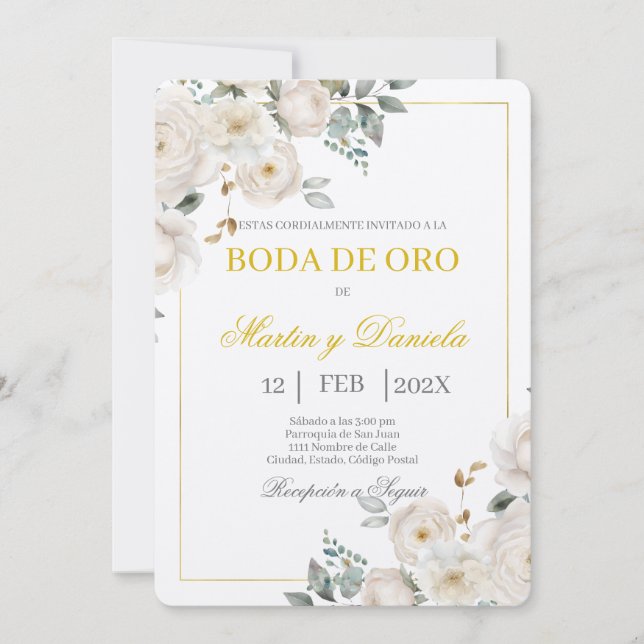 Convite Boho boda de oro con flor blanca (Frente)