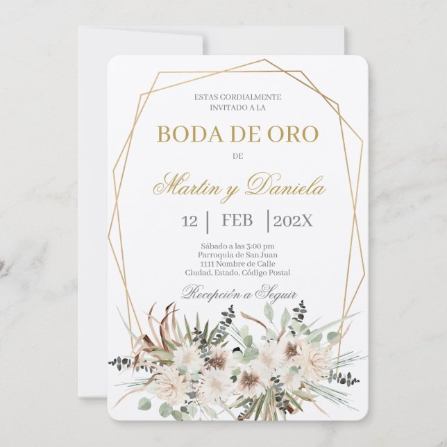 Convite Boho boda de oro con flor blanca (Frente)