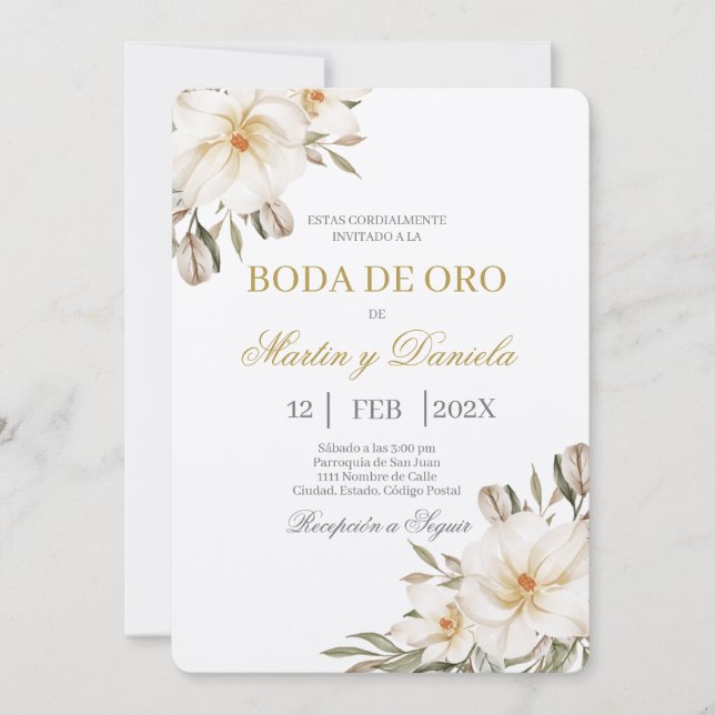 Convite Boho boda de oro con flor blanca (Frente)
