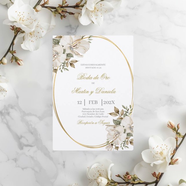 Convite Boho bodas de ouro com flor branca (Criador carregado)