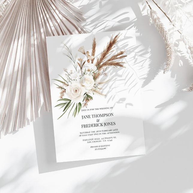 Convite Boho Boêmio Floral Seca Foto & Código QR Casamento (Boho Bohemian Dried Floral Photo & QR Code Wedding Invitation)
