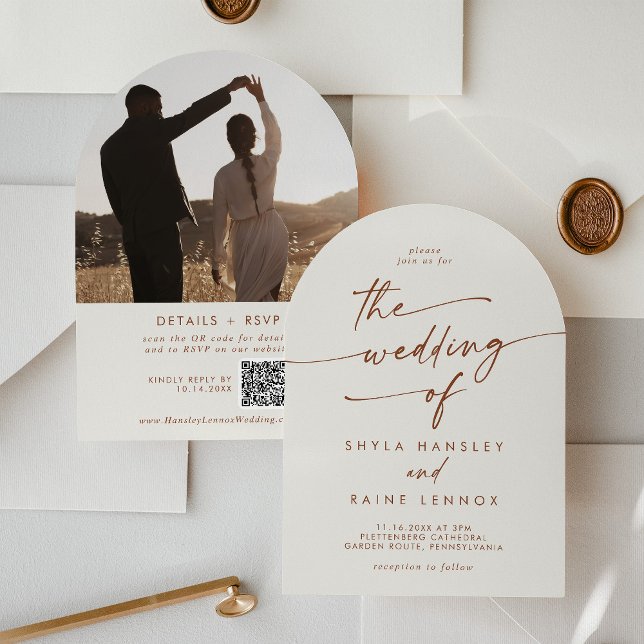 Convite Boho Bohemian Cream Foto QR Code Arch Casamento (Criador carregado)