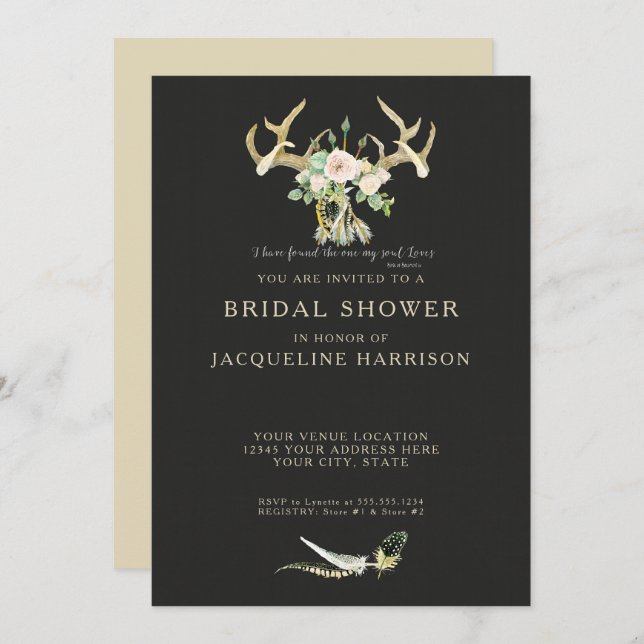 Convite Boho Bohemian Deer Antler Floral Bridal Shower (Frente/Verso)