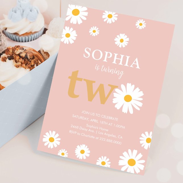 Convite Boho Bohemian Retro 70s Pink Daisy segundo anivers (Criador carregado)