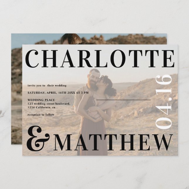 Convite Boho bold nomes preto foto foto do casamento (Frente/Verso)