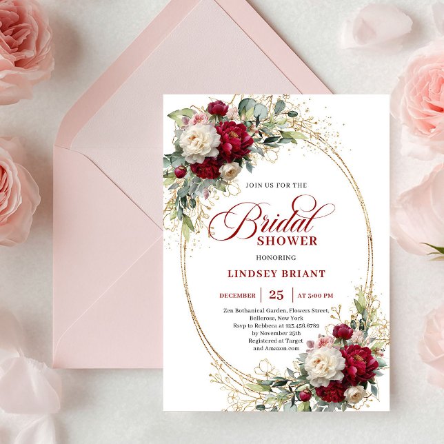 Convite Boho Borgonha Branco Floral Dourado Chá de Noiva (Boho Burgundy White Floral Gold Bridal Shower)