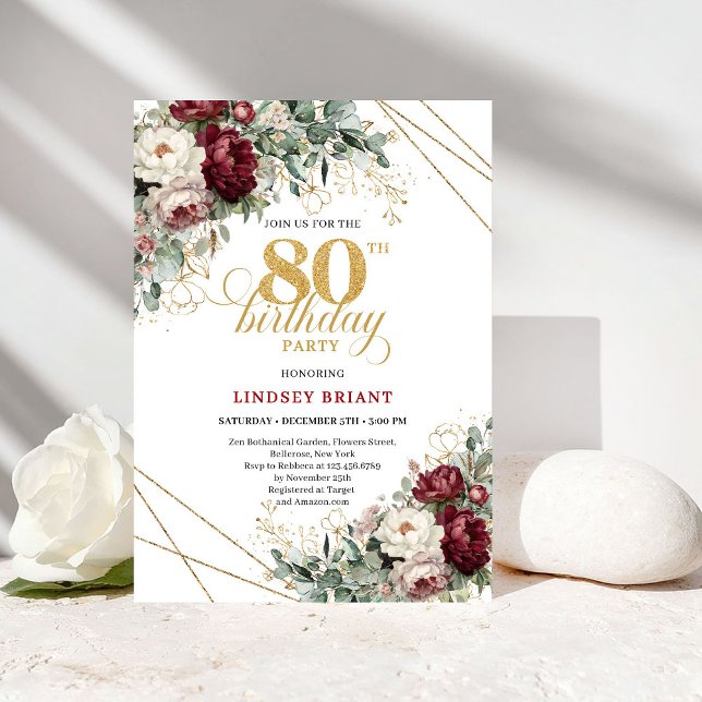 Convite Boho Borgonha Eucalipto Floral 80º Aniversário (Boho Burgundy Eucalyptus Floral 80th Birthday)