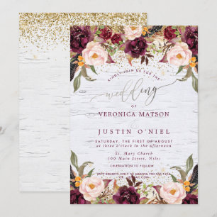 Convite Boho Borgonha+Roxo Flores Aquarela
