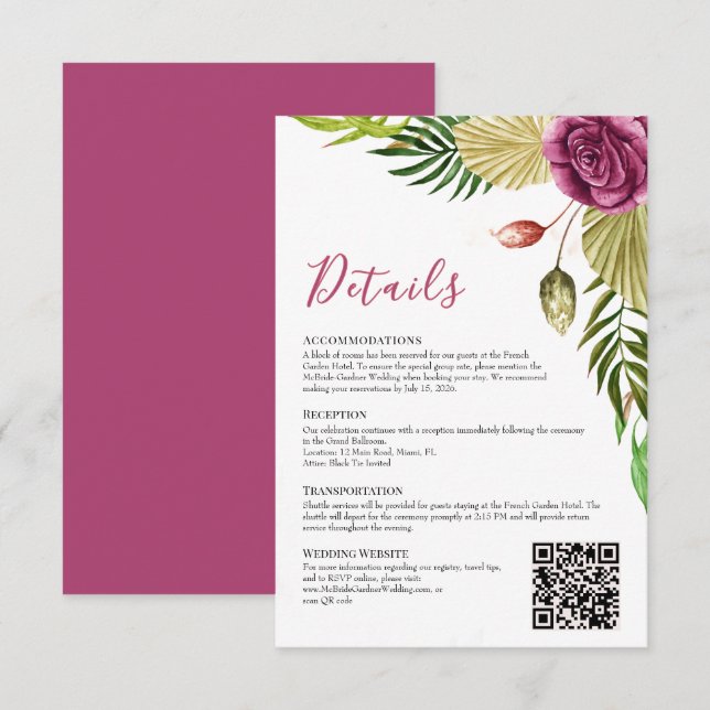 Convite Boho Botanical Crimson Rose Wedding Details Card (Frente/Verso)