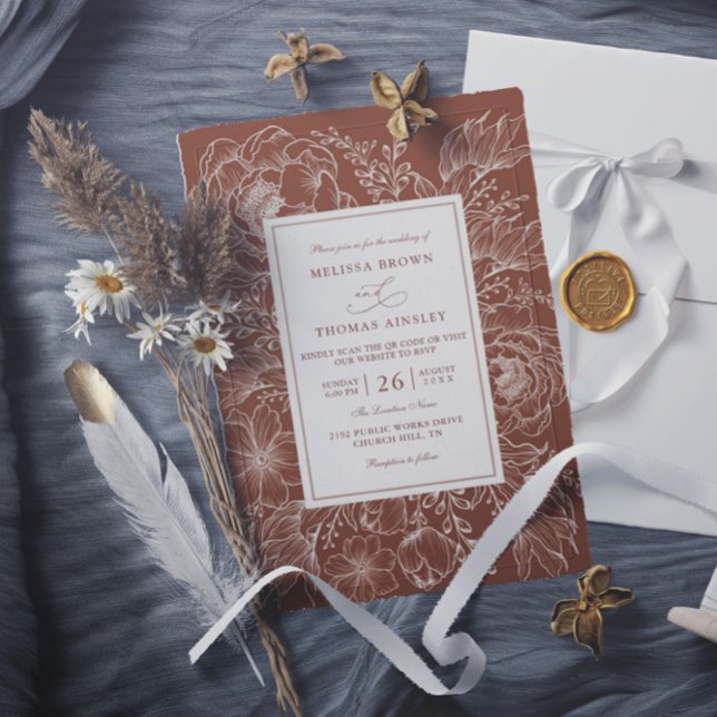 Convite Boho Botanical Terracotta Budget QR Code Wedding (Criador carregado)