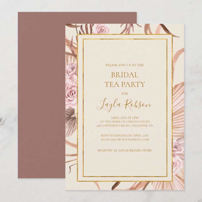 Convite Boho Botânico | Dusty Rosa Bridal Tea Party (Frente/Verso)