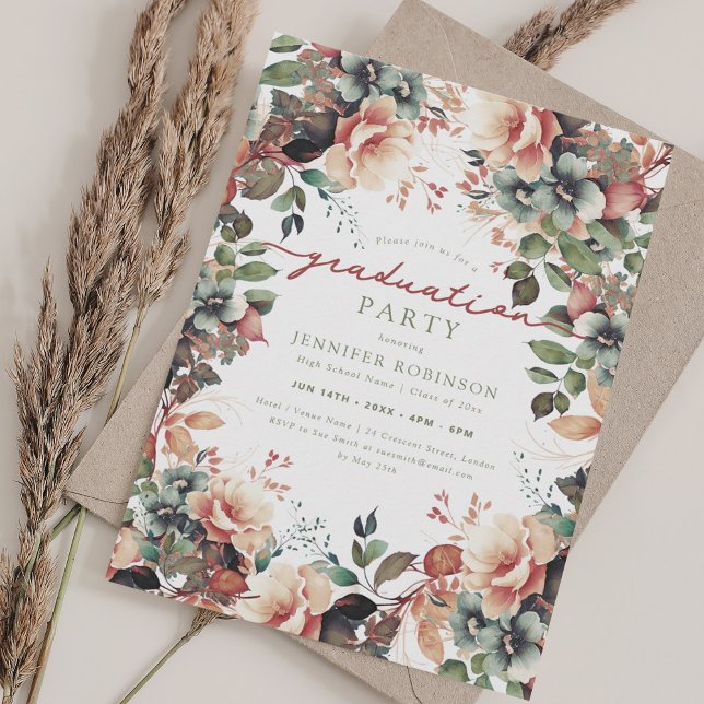 Convite Boho Botânico Festa de formatura Floral (Boho Botanical Garden Floral Graduation Party Invitation)