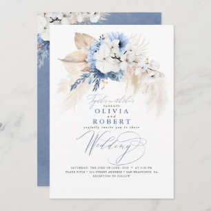 Convite Boho Botânico Floral Moderno Dusty Casamento Azul