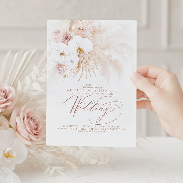 Convite Boho Botânico Orquídeas Brancas Pampas Casamento d (White Orchids and Pampas Grass Boho Wedding Invitations)