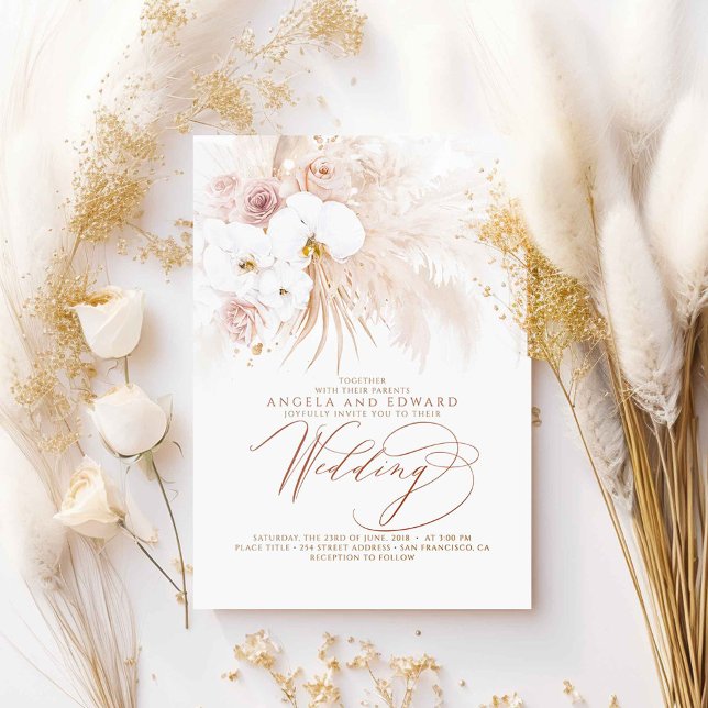 Convite Boho Botânico Orquídeas Brancas Pampas Casamento d (White Orchids and Pampas Grass Boho Wedding Invitations)