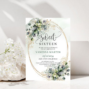 Convite Boho Botânico Sweet Sixteen Verde Dourado