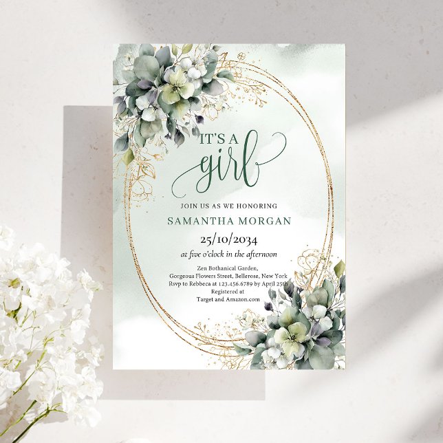 Convite Boho Botânico Verde Folhagem Branco É Uma Menina (Boho Botanical Green White Foliage Look It’s A Girl Invite)