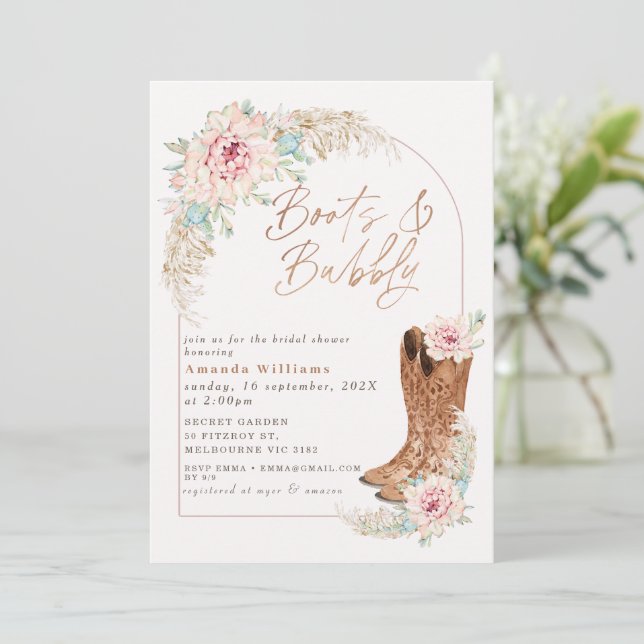 Convite Boho Botas Rosa e Festa de Noivado Borbulhante (Em pé/Frente)
