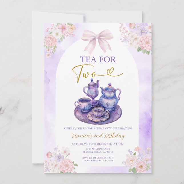 Convite Boho Bow Purple Tea for two girl Birthday flowers (Frente)