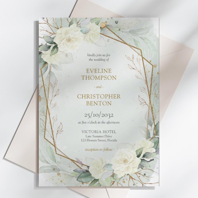 Convite Boho branco e casamento de eucalipto (Elegant White Roses Floral Garden greenery and gold wedding invitation digital )