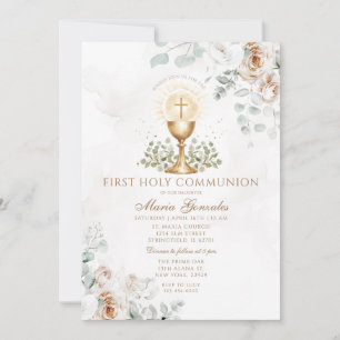 Convite Boho Branco Floral Eucaristia Primeira Comunhão