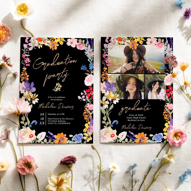 Convite Boho Bright Wildflower Black Photo Graduation (Boho Bright Wildflower Black Photo Graduation Invitation)