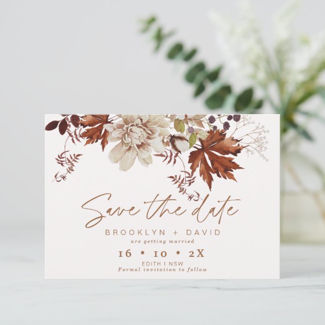 Convite Boho Brown Fall Floral Weding The Date Card (Em pé/Frente)