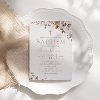 Convite Boho Brown Floral Baptism Christening