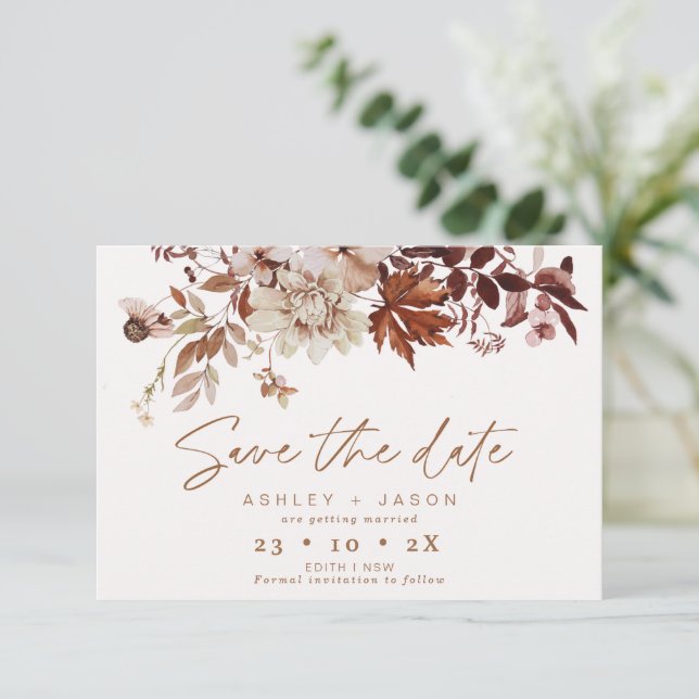 Convite Boho Brown Floral Casamento outono Save The Date C (Em pé/Frente)