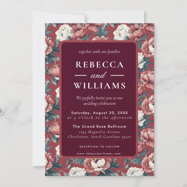 Convite Boho Brown  Peonies Spring Wedding Invitation (Frente)