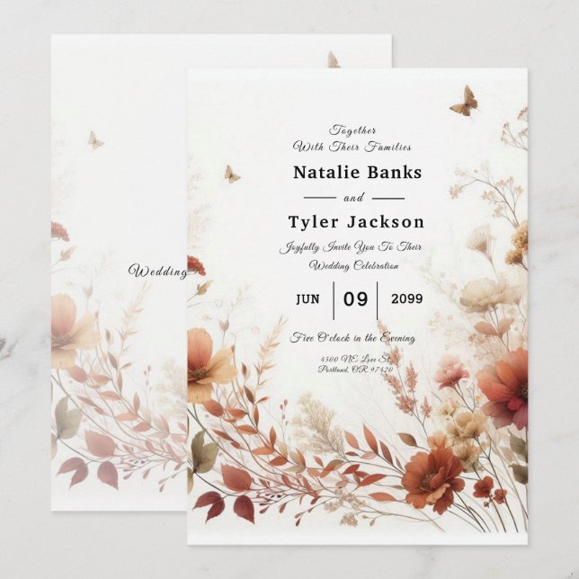 Convite Boho Browns com Borboletas Casamento Floral (Frente/Verso)