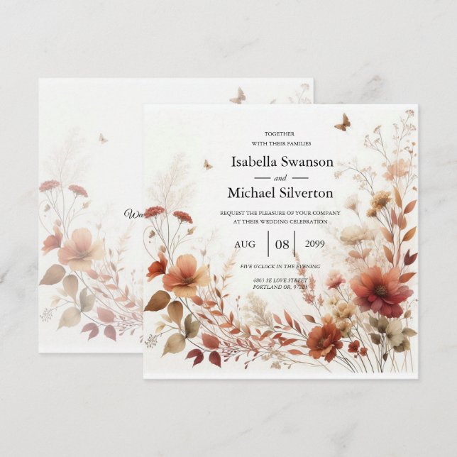 Convite Boho Browns com Borboletas Casamento Floral (Frente/Verso)
